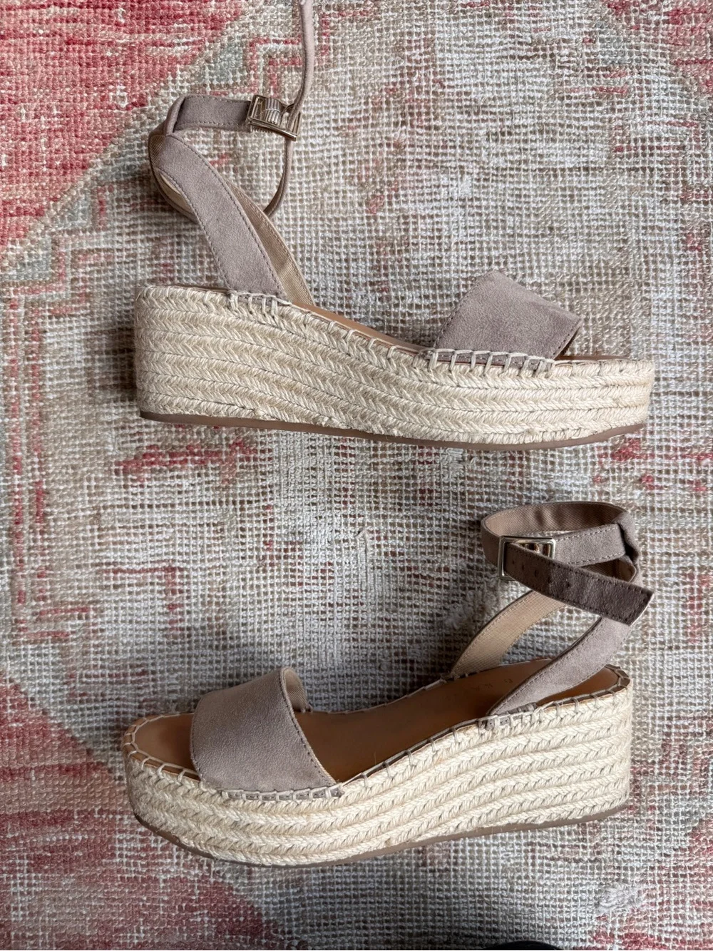 Kelly & Katie Taupe Suede Ankle-Strap Espadrille Wedges